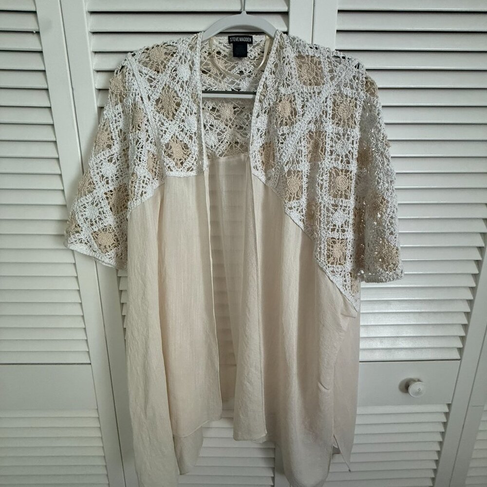 Steve Madden Womens Crochet Lace Kimono Cardigan Cream Boho Beach Cover Up Sz OS